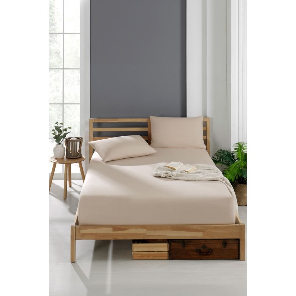 Set de două fețe de pernă și cearșaf cu elastic 180/200 bumbac Bej